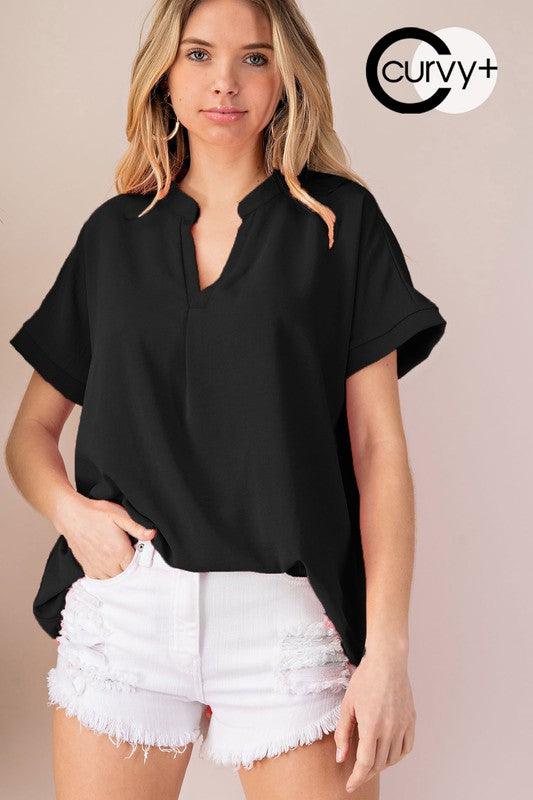 PLUS v-neck short sleeve woven top