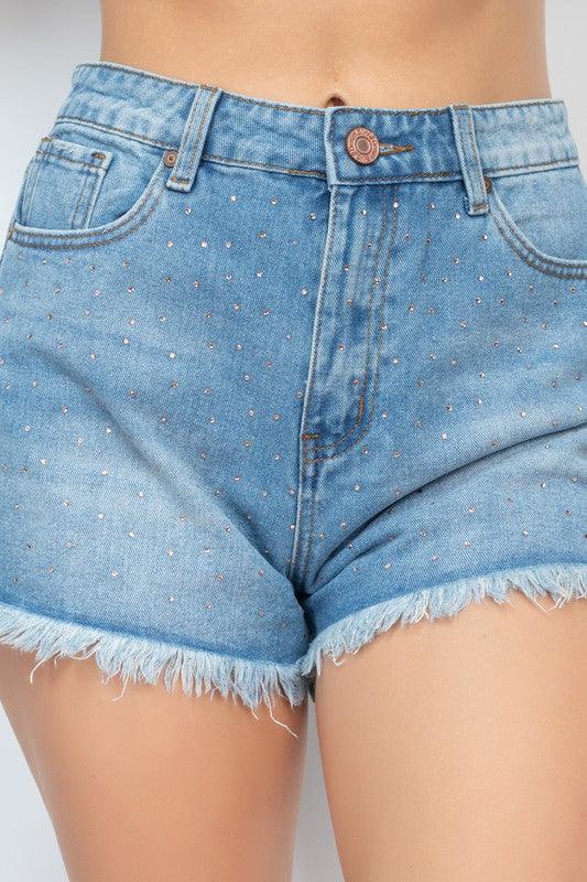 Rhinestone frayed hem denim shorts