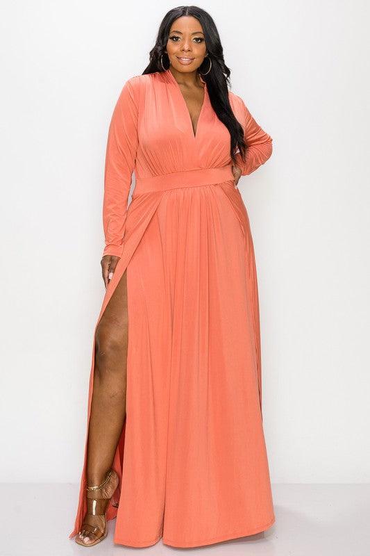 PLUS matte jersey leg slit long sleeve maxi dress