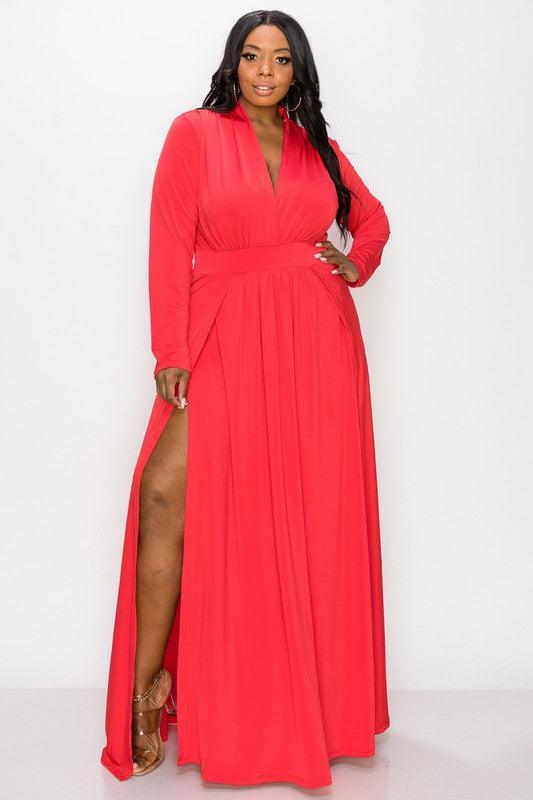 PLUS matte jersey leg slit long sleeve maxi dress