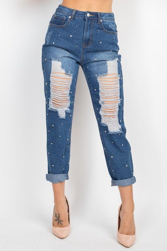 Rhinestones Ripped-Front Denim Jeans