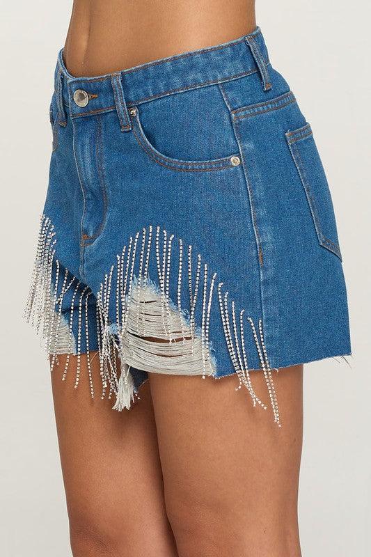 rhinestone fringe raw cut denim shorts