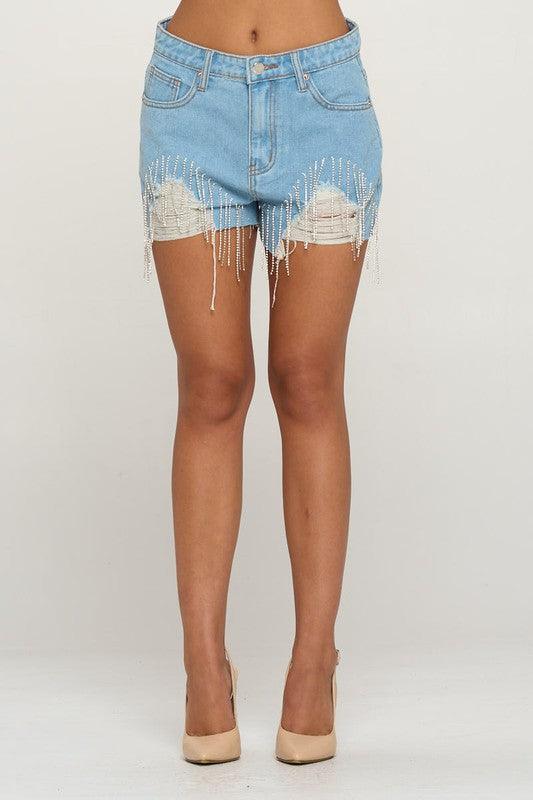 rhinestone fringe raw cut denim shorts