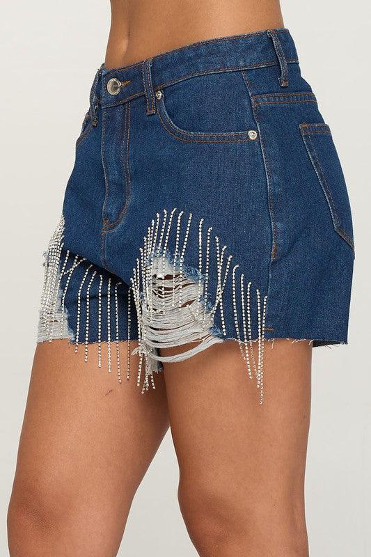 rhinestone fringe raw cut denim shorts