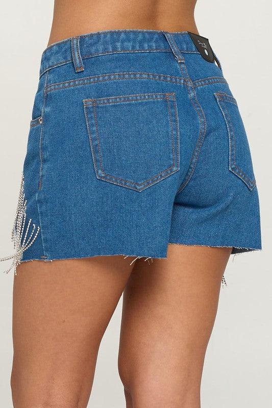 rhinestone fringe raw cut denim shorts