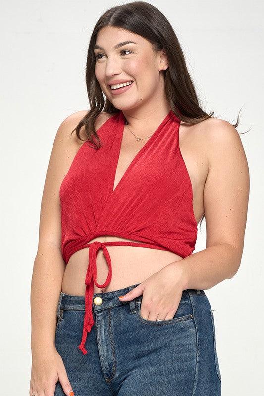 PLUS V Neck Tie Back Cropped Halter Top