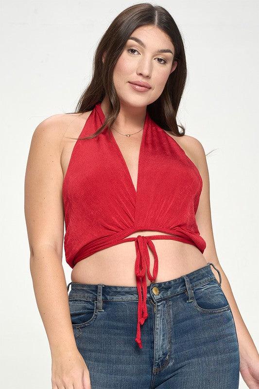 PLUS V Neck Tie Back Cropped Halter Top