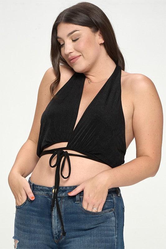 PLUS V Neck Tie Back Cropped Halter Top