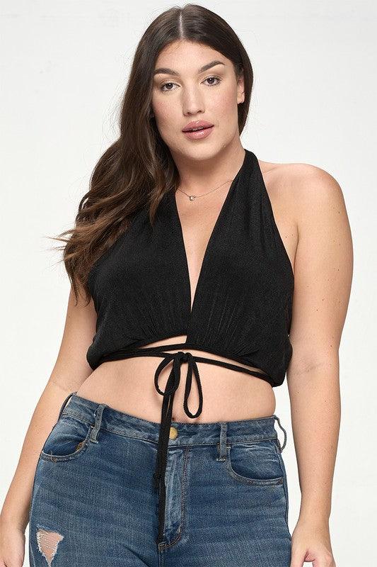 PLUS V Neck Tie Back Cropped Halter Top