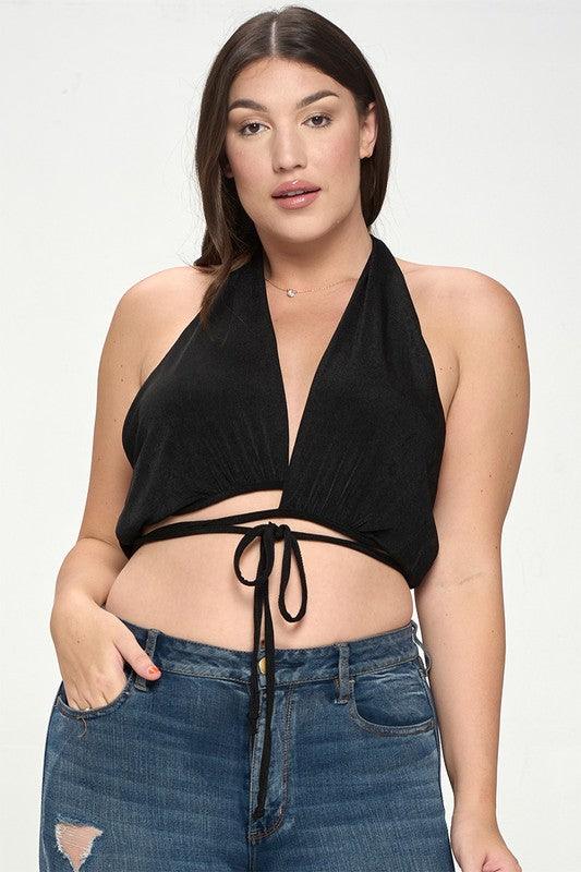 PLUS V Neck Tie Back Cropped Halter Top