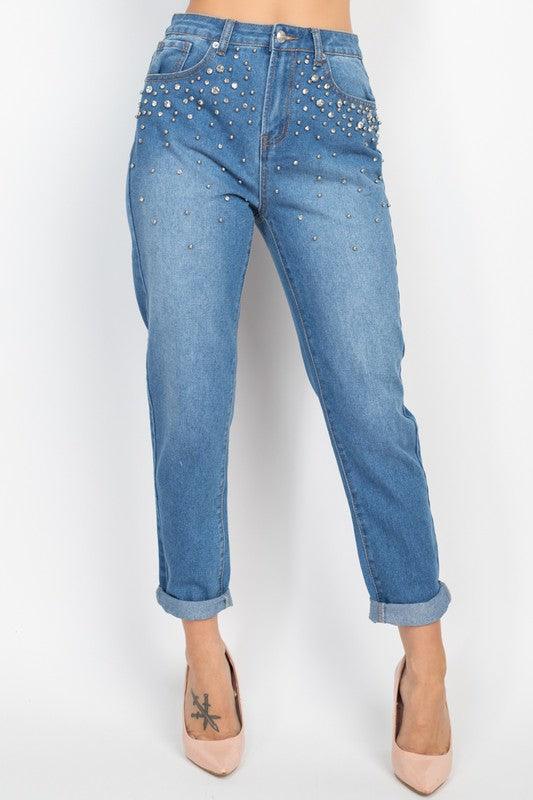 Rhinestones Denim Mom Jeans