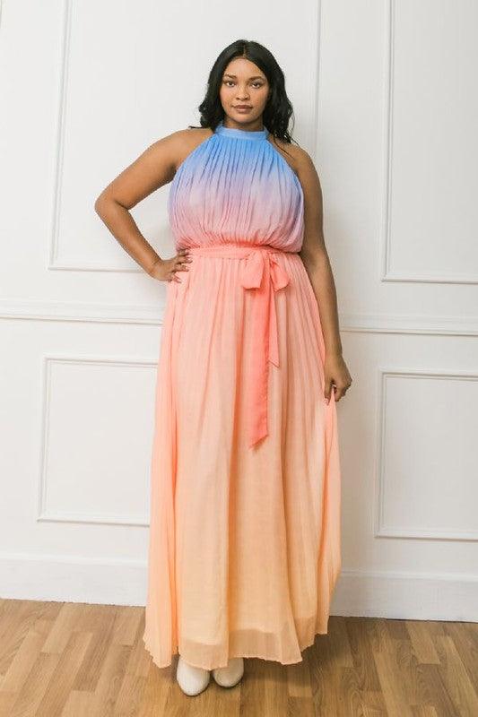 PLUS ombre pleated maxi dress