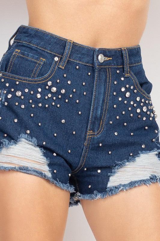 Sunbursts rhinestone distressed denim shorts