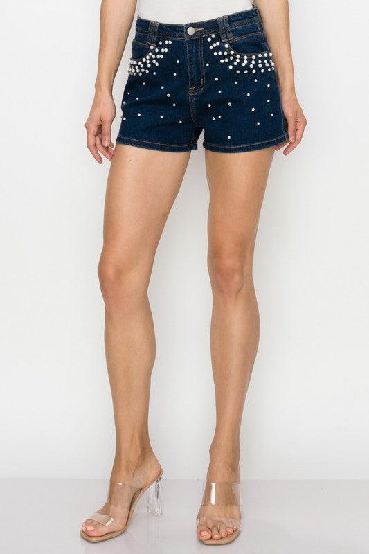 Pearl & rhinestone embellished denim shorts