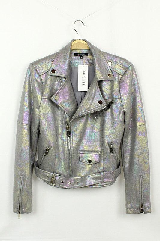 Shimmery Asymmetrical Zipper Waist Belt Jacket