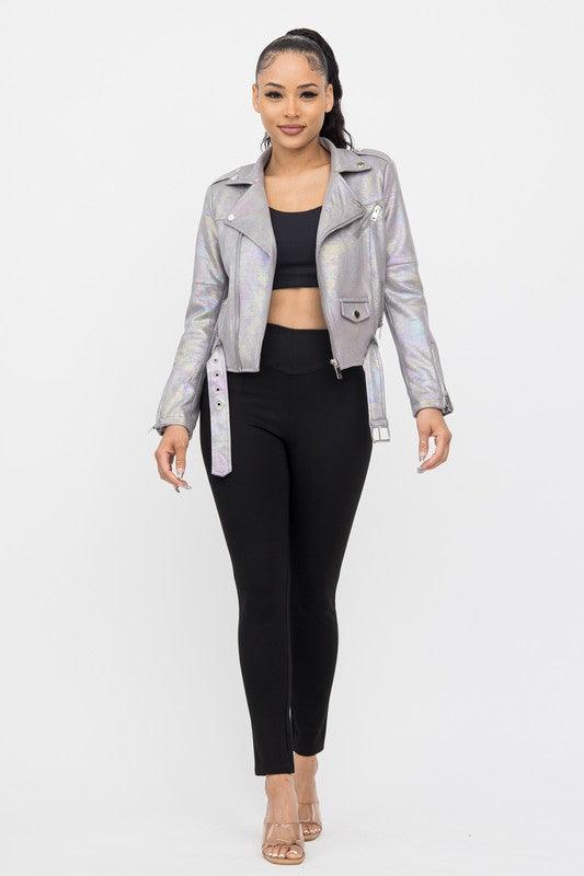 Shimmery Asymmetrical Zipper Waist Belt Jacket