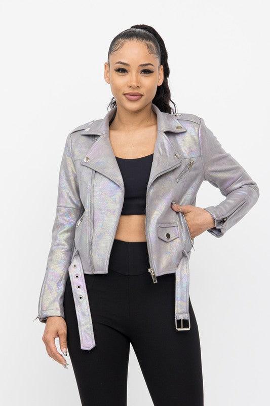 Shimmery Asymmetrical Zipper Waist Belt Jacket