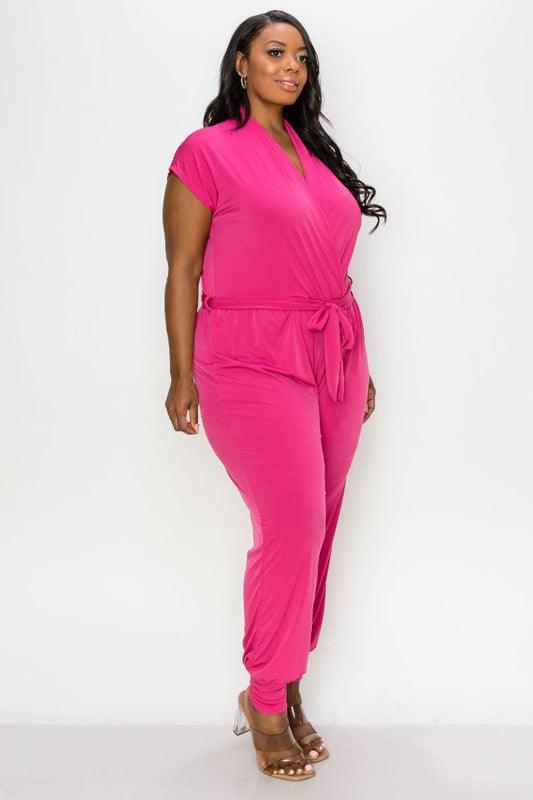 PLUS matte jersey short sleeve surplice jogger jumpsuit