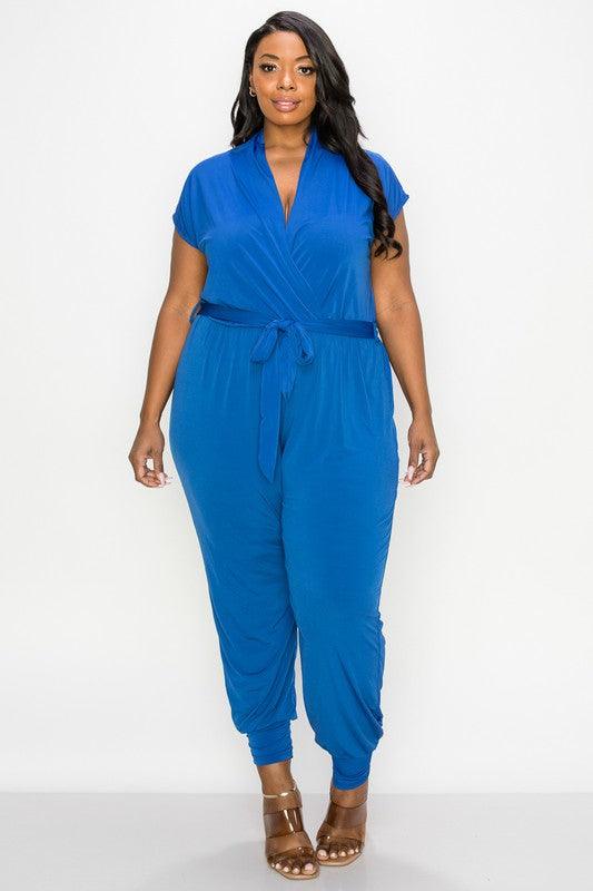 PLUS matte jersey short sleeve surplice jogger jumpsuit