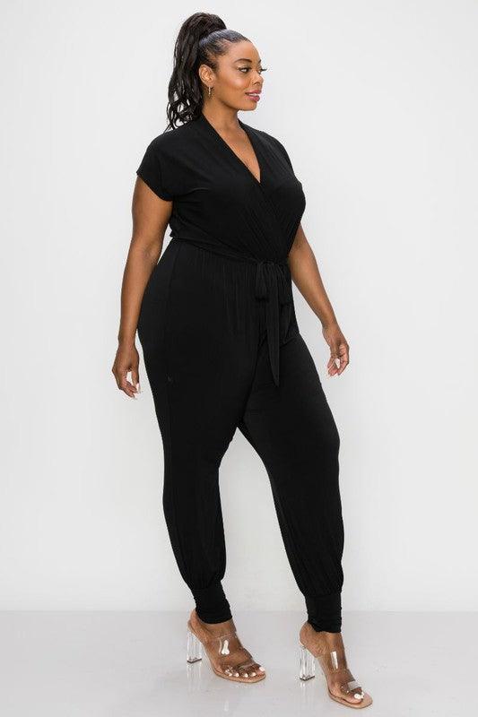 PLUS matte jersey short sleeve surplice jogger jumpsuit