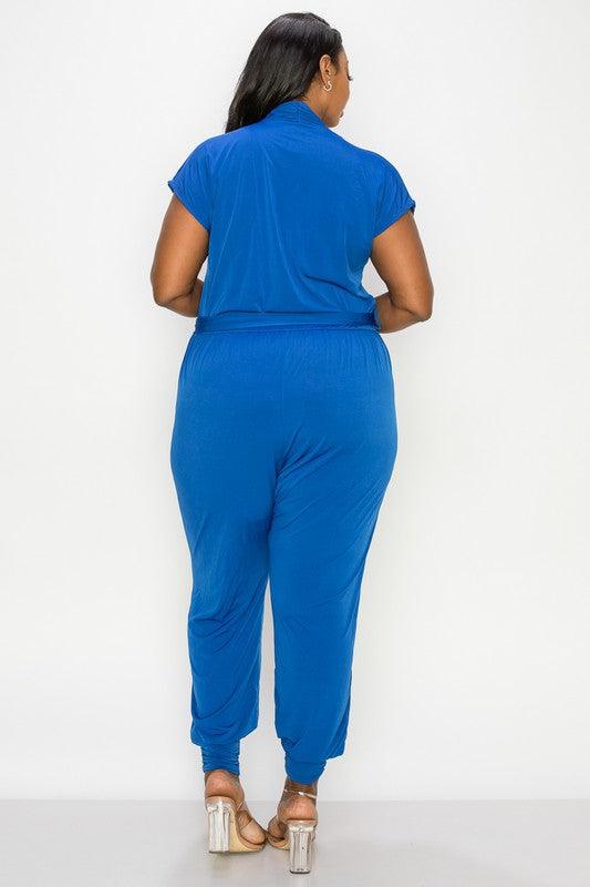 PLUS matte jersey short sleeve surplice jogger jumpsuit