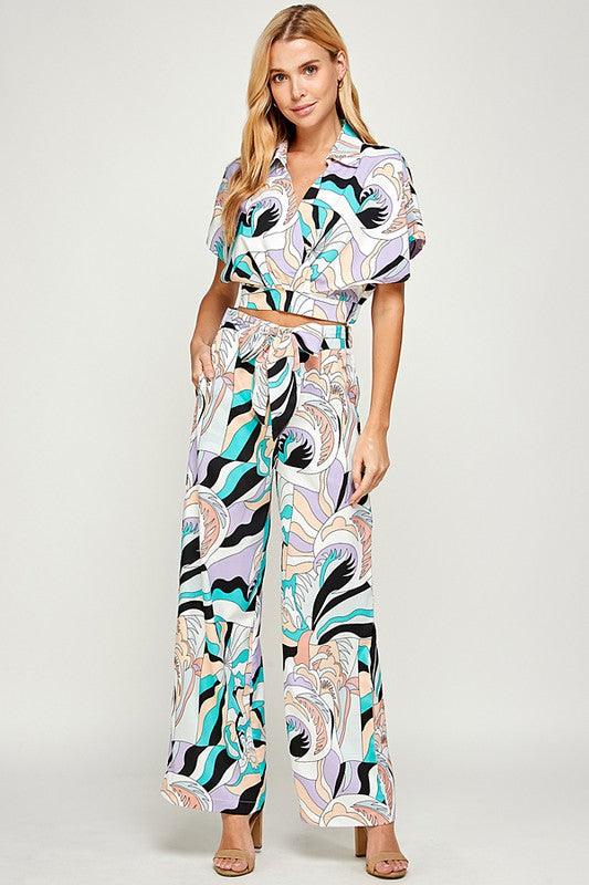 2pc set- printed short sleeve surplice & wide leg pant