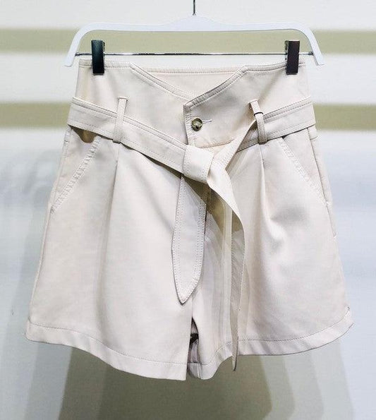 high waist belted faux leather shorts