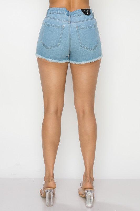 Stone fringe frayed denim shorts