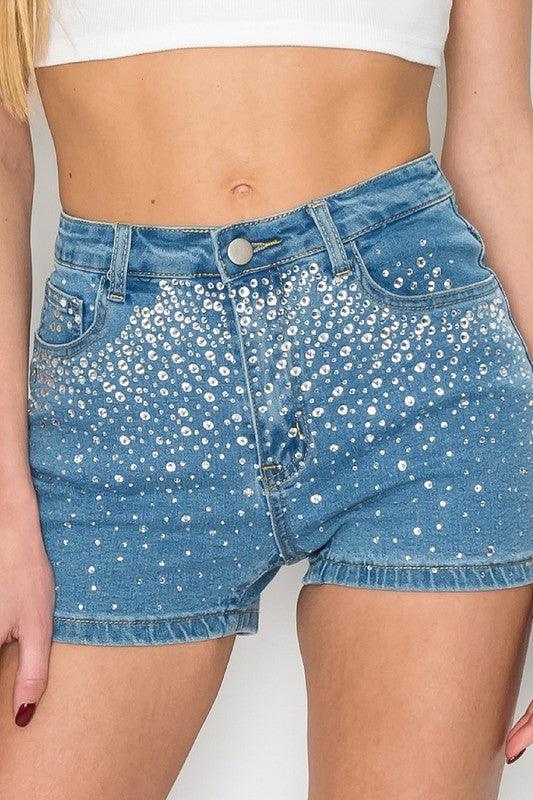 rhinestone stretch denim shorts