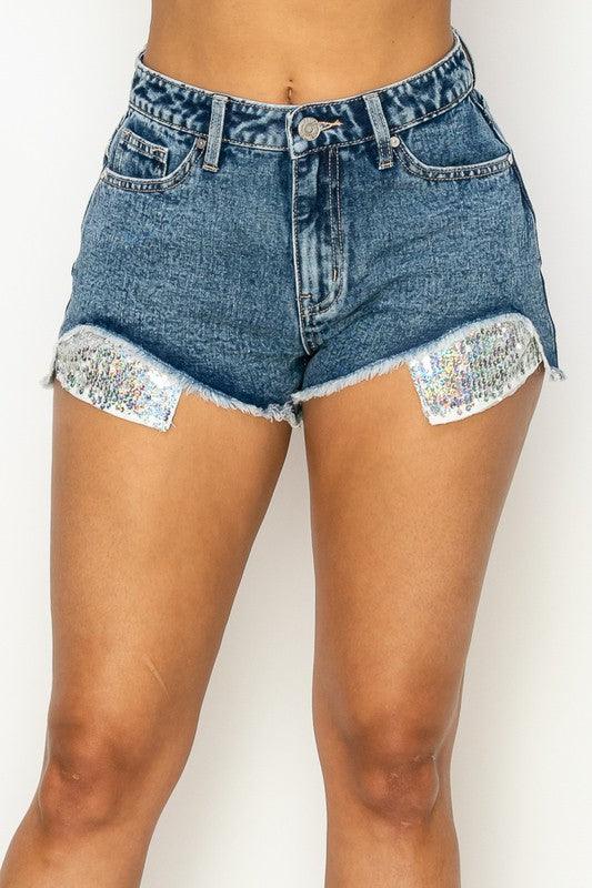 glitzy sequined pocket denim shorts