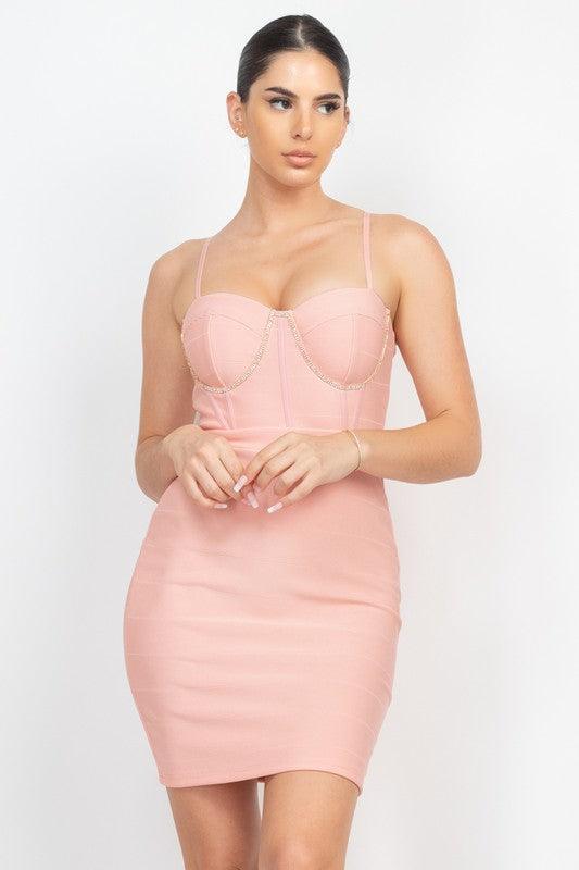 stone trim bustier zipup dress