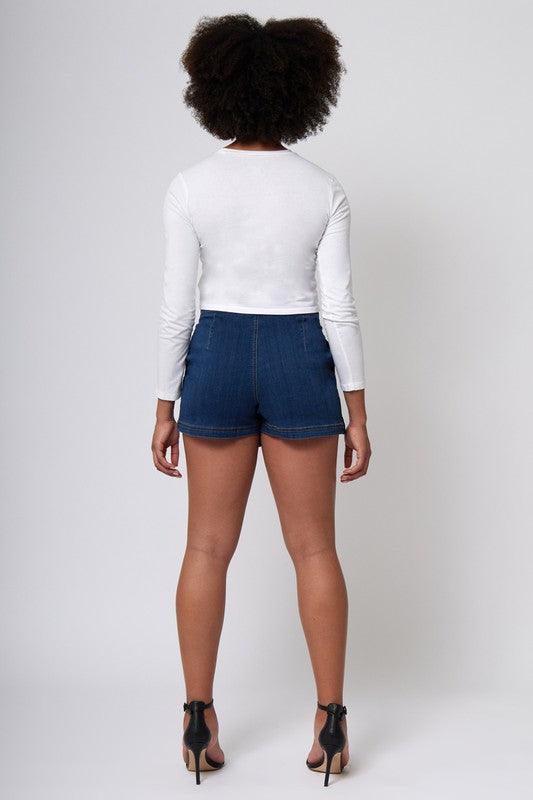 stretch denim wrap front skort