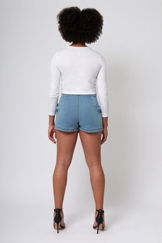 stretch denim wrap front skort