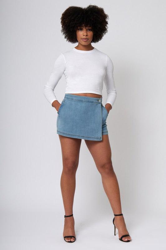 stretch denim wrap front skort