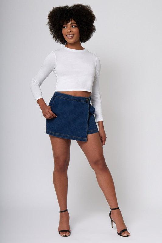 stretch denim wrap front skort