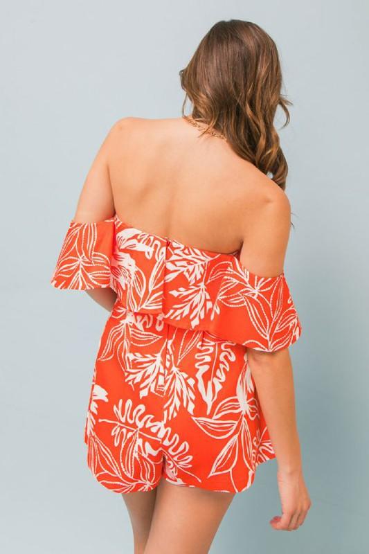 tropical print off the shoulder romper