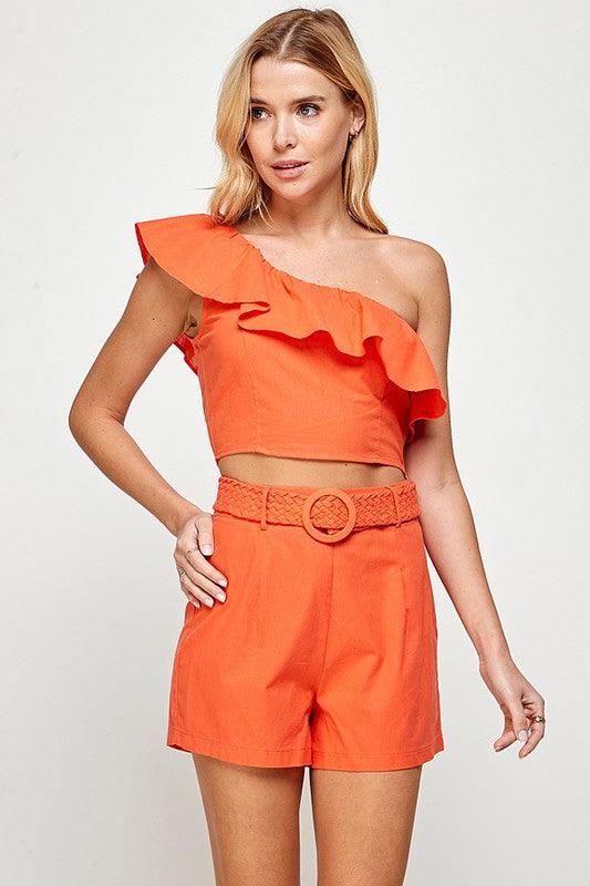 2pc set- One Shoulder ruffle top & high waist belted shorts