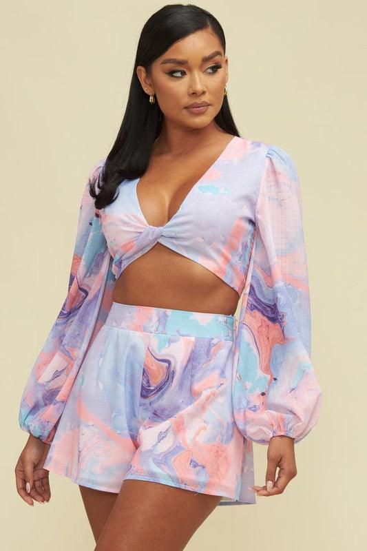 pastel printed crop top and shorts set