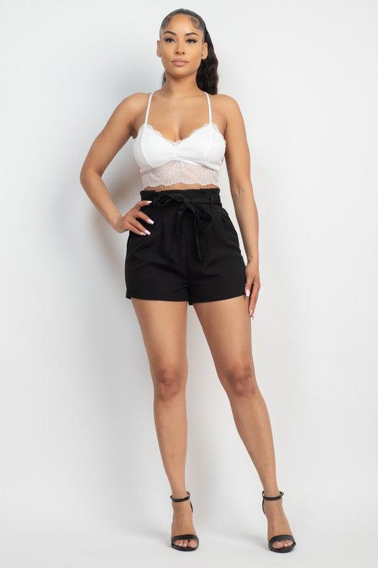 Elastic Waist Belted Paperbag Short