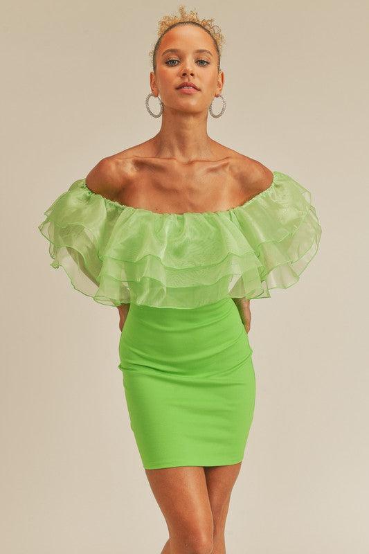 organza ruffle off the shoulder dress