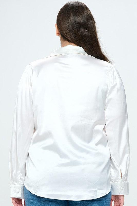 PLUS Satin Button Down Long Sleeve Blouse