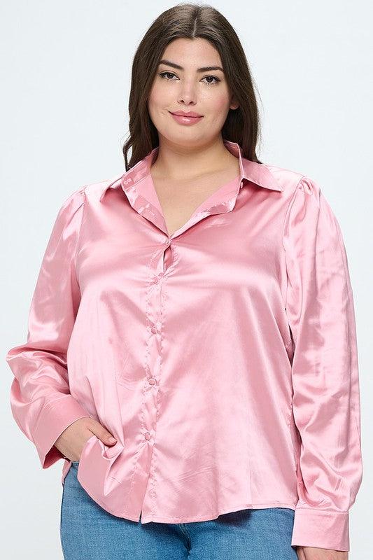 PLUS Satin Button Down Long Sleeve Blouse