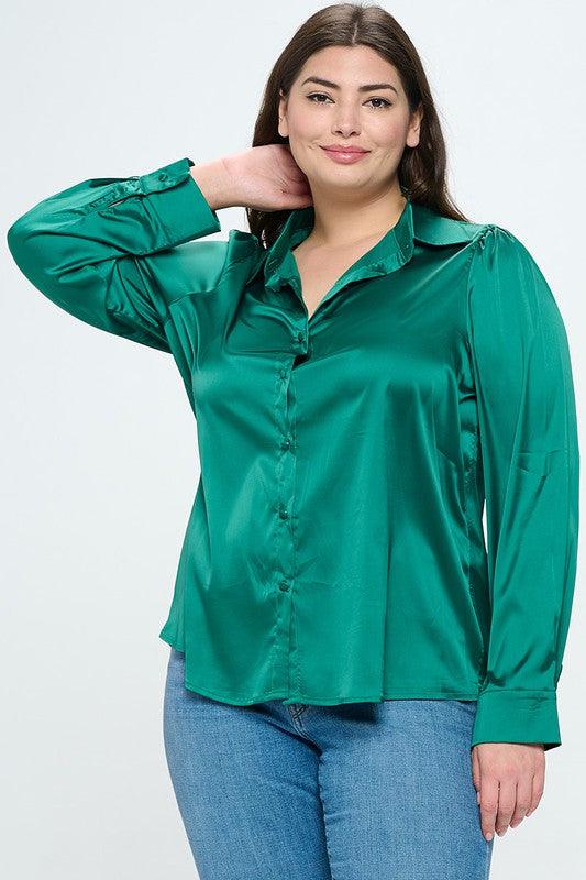 PLUS Satin Button Down Long Sleeve Blouse