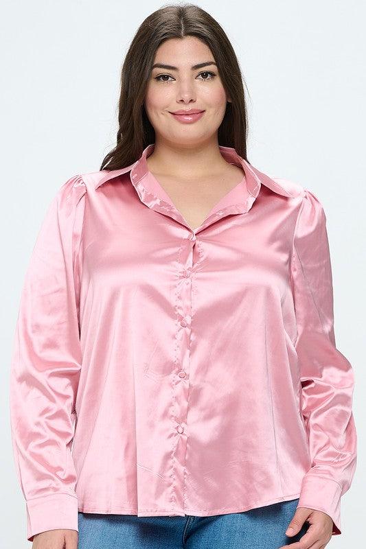 PLUS Satin Button Down Long Sleeve Blouse