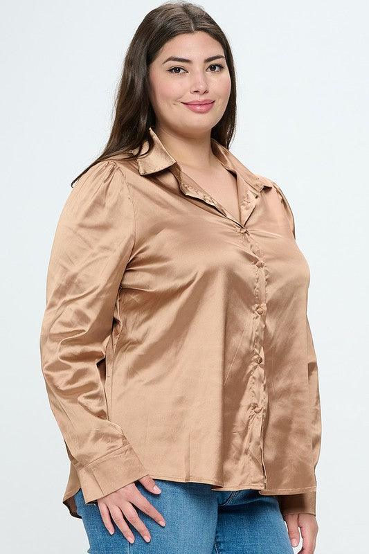 PLUS Satin Button Down Long Sleeve Blouse