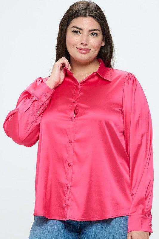 PLUS Satin Button Down Long Sleeve Blouse