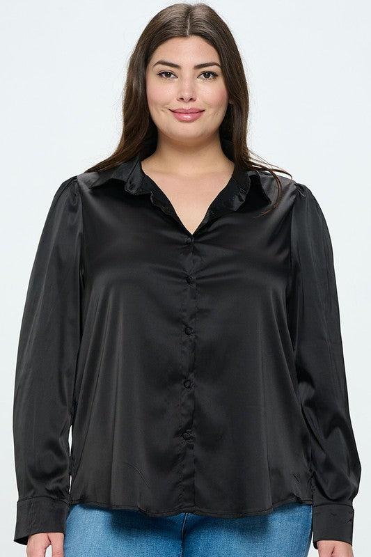 PLUS Satin Button Down Long Sleeve Blouse