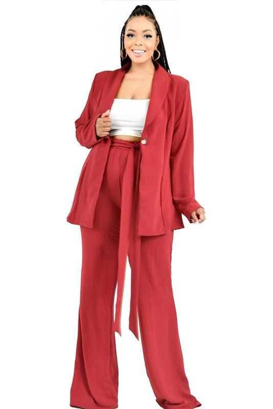 PLUS 2pc set- one button blazer & wide leg belted pants