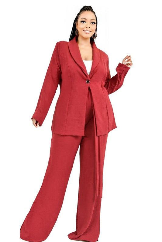 PLUS 2pc set- one button blazer & wide leg belted pants