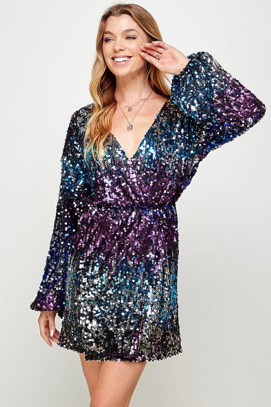 ombre long sleeve sequin dress